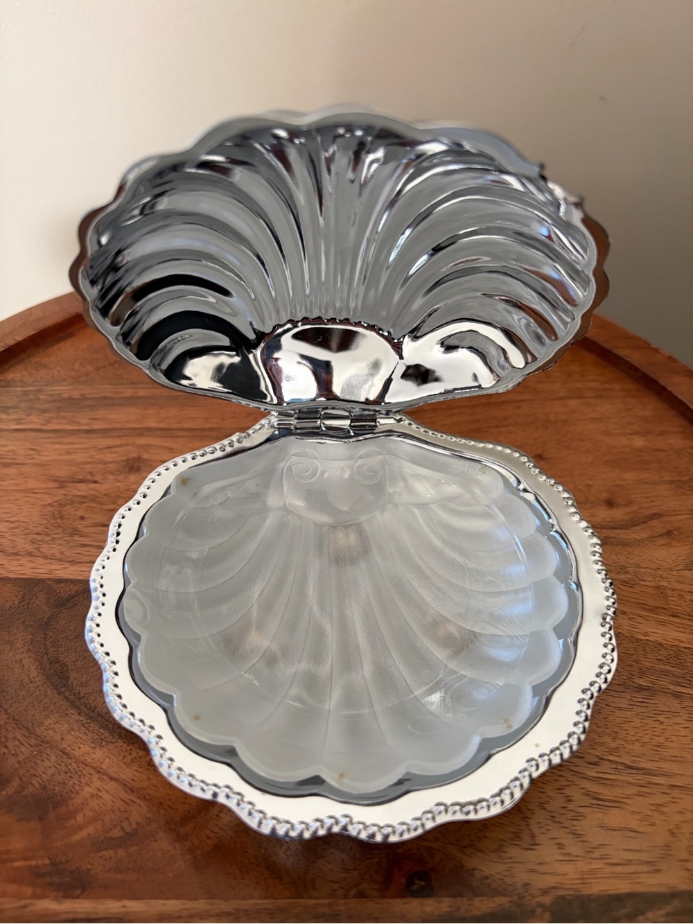 Vintage Silver Shell-Shaped Dish with Frosted Glass Insert-Elegant/Coastal Home